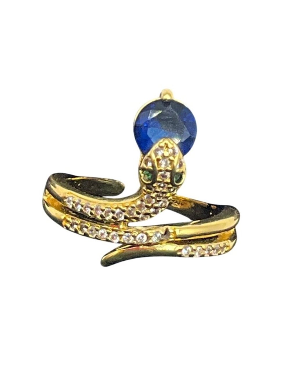 New Artisan Gold Filled Snake Adjustable Ring Blue Rhinestone in Mouth Whimsical